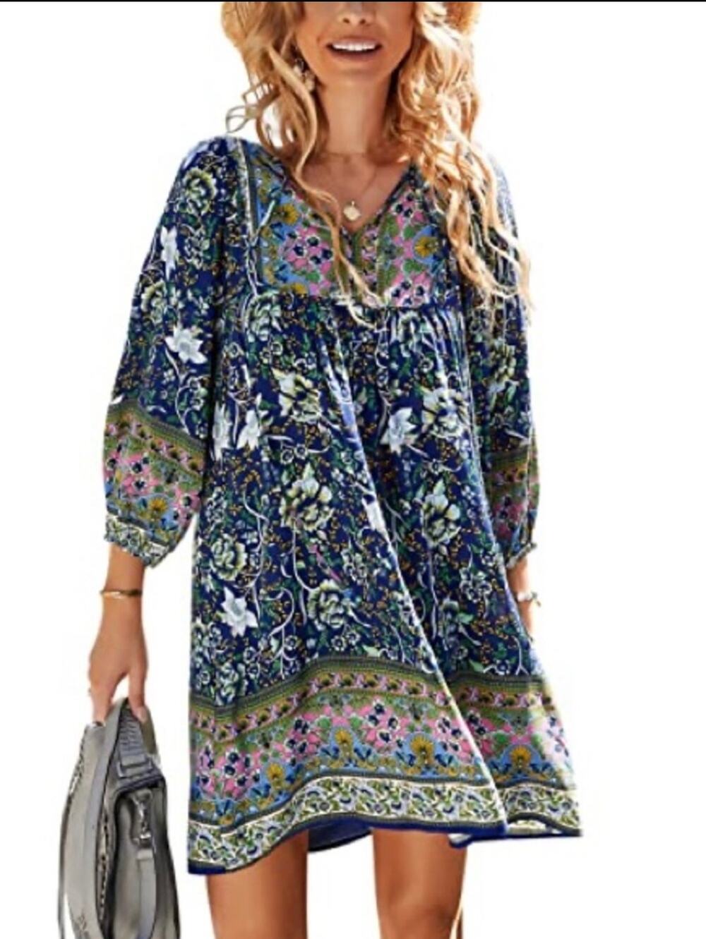 TEMOFON Mini Dress Women’s Large Boho Floral Flowy Tunic Top V-neck NEW